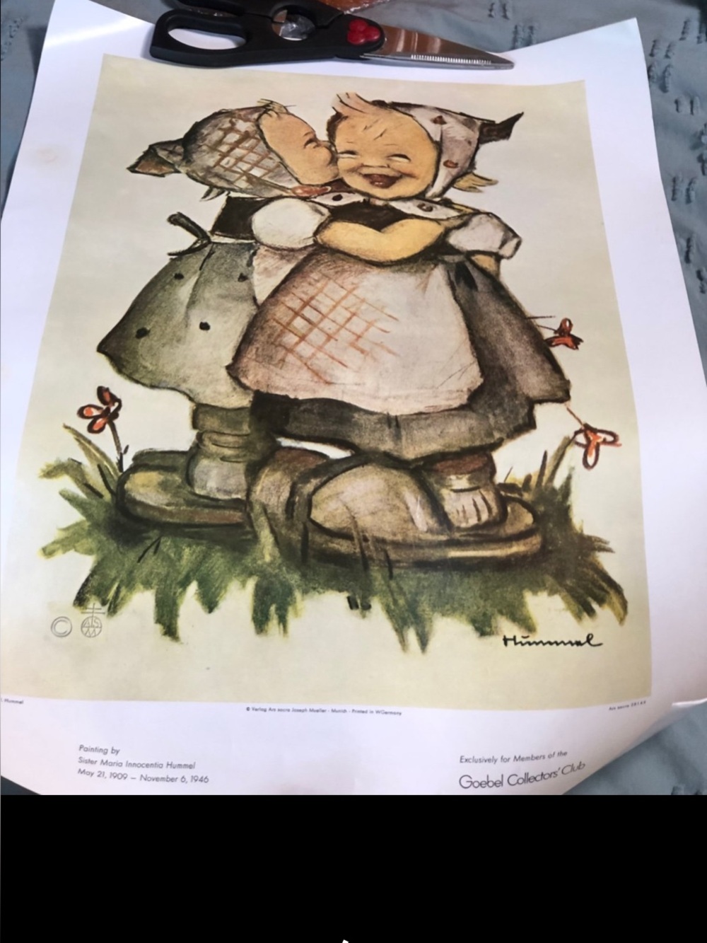 M.I Hummel art print titled "Telling Her Secret"  vintage Excellent condition.
